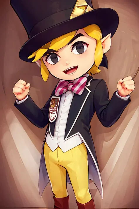 <lora:ricegnat_style:0.8>,((masterpiece,best quality)),  <lora:Toon_Link_Zelda:0.9>, Toon_Link_Zelda, black eyes, solo, 1boy, black top hat, bowtie, black formal clothes, solo, smiling, standing, looking at viewer,