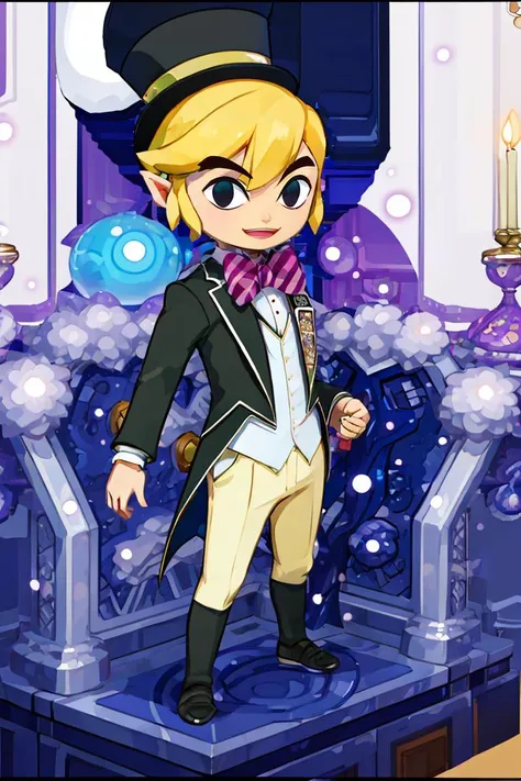 <lora:Harada_Takehito_Background_Dim32:0.8>,((masterpiece,best quality)),  <lora:Toon_Link_Zelda:0.9>, Toon_Link_Zelda, black eyes, solo, 1boy, black top hat, bowtie, black formal clothes, solo, smiling, standing, looking at viewer,