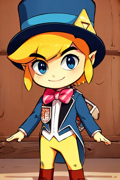 <lora:Diives_Style:0.8>,((masterpiece,best quality)),  <lora:Toon_Link_Zelda:0.9>, Toon_Link_Zelda, black eyes, solo, 1boy, blue top hat, bowtie, blue formal clothes, solo, smiling, standing, looking at viewer,