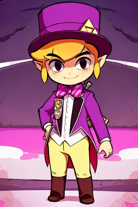 <lora:Diives_Style:0.8>,((masterpiece,best quality)),  <lora:Toon_Link_Zelda:0.9>, Toon_Link_Zelda, black eyes, solo, 1boy, purple top hat, bowtie, purple formal clothes, solo, smiling, standing, looking at viewer,