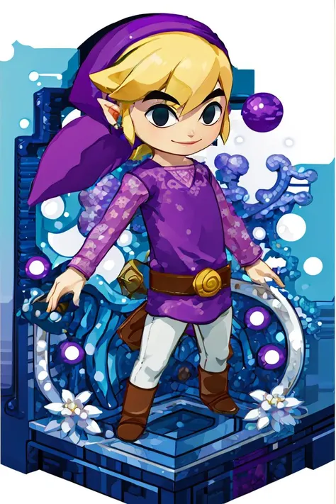 <lora:Harada_Takehito_Background_Dim32:0.8>,((masterpiece,best quality)),  <lora:Toon_Link_Zelda:0.9>, Toon_Link_Zelda, black eyes, purple link, purple hat, blonde hair, solo, 1boy, tunic, belt,  solo, smiling, standing, looking at viewer,