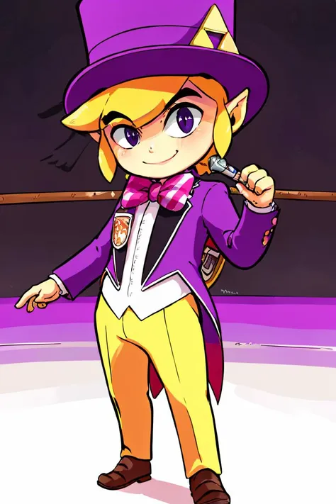 <lora:Diives_Style:0.8>,((masterpiece,best quality)),  <lora:Toon_Link_Zelda:0.9>, Toon_Link_Zelda, black eyes, solo, 1boy, purple top hat, bowtie, purple formal clothes, solo, smiling, standing, looking at viewer,