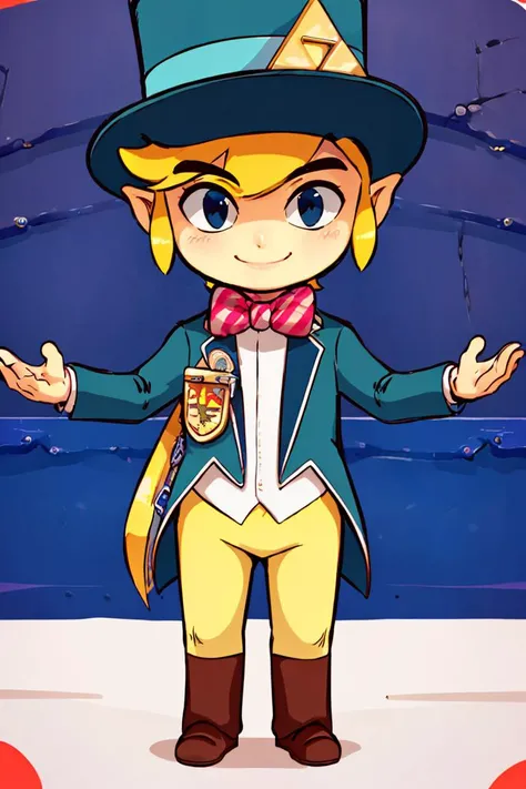 <lora:Diives_Style:0.8>,((masterpiece,best quality)),  <lora:Toon_Link_Zelda:0.9>, Toon_Link_Zelda, black eyes, solo, 1boy, blue top hat, bowtie, blue formal clothes, solo, smiling, standing, looking at viewer,