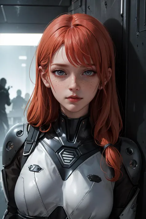 (masterpiece, best quality:1.2),
1 girl, adult (elven:0.7) woman, freckles, ruby eyes, ginger hair flaps,
portrait, solo, half shot, looking at viewer, detailed background, detailed face, (dystopian futuristic theme:1.1), spy, concealed,  espionage,     in...