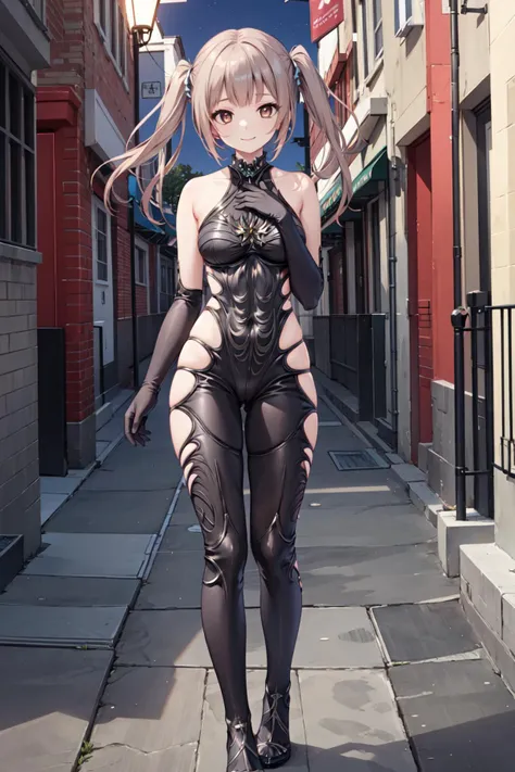 <lora:OmegaF V2:0.8> omegaf bodysuit,elbow gloves,
1girl,solo, <lora:mizuki2-000012:0.5>mizukiT,twintail,brown eyes,brown hair,smile,twin braids, 
full body, standing,(hand on own chest),
street,