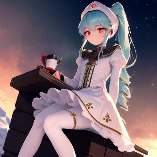 winter coat,standing,whole view,mountain background,sit on a chair,hot chocolate,outside, <lora:vanilla_h:0.8>,dress, frills, juliet sleeves, long hair, long sleeves, ponytail, puffy sleeves, white dress, pantyhose, white pantyhose, white legwear, thighhig...