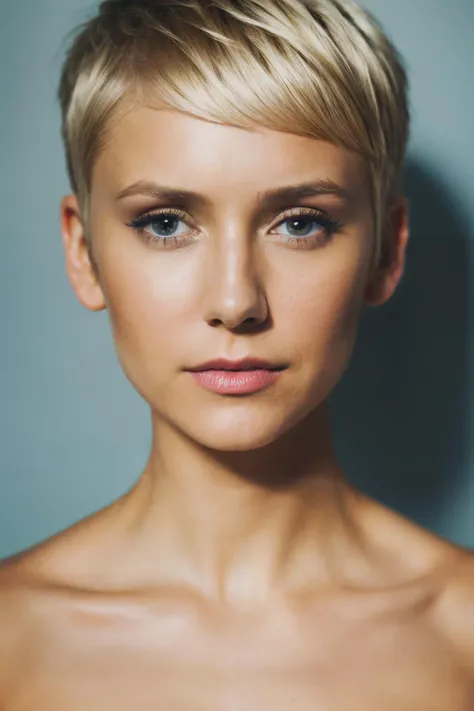 a woman with a short blond hair and a blue background