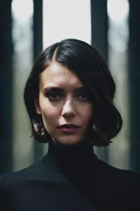 a woman with a black turtle neck top and earrings standing in front of a window