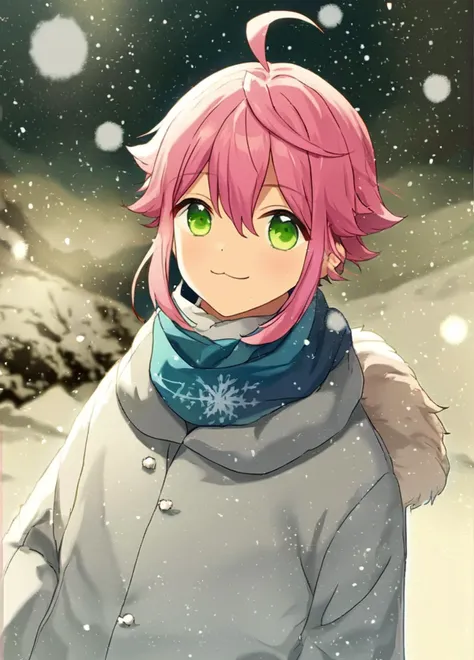 a boy tori himemiya has pink short hair with hair between his eyes long sidelocks a curved ahoge and big green eyes is standing ...