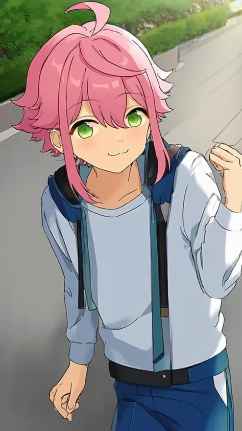 a boy tori himemiya has green eyes and short pink hair with an ahoge and long sidelocks. he is in the park, standing on a sidewa...