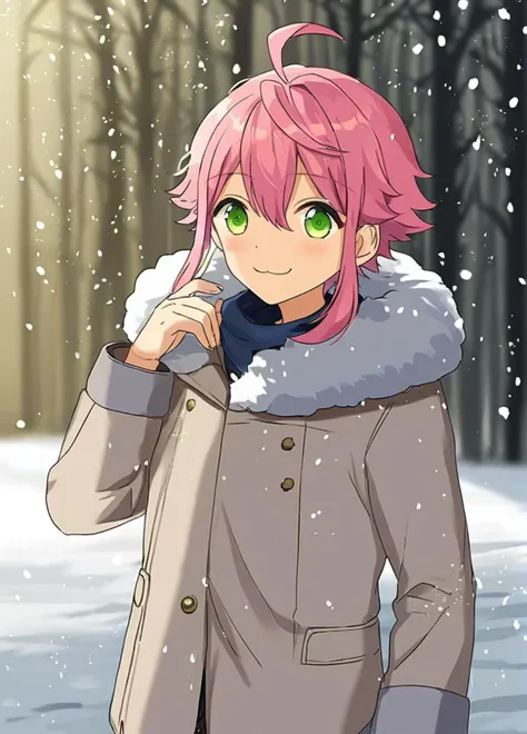 a boy tori himemiya has pink short hair with hair between his eyes long sidelocks a curved ahoge and big green eyes is standing ...