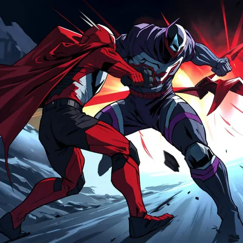 two people, Marvels Magneto red suit with purple details, metallic helmet visor protecting head, purple cape,  fight scene, punching in location: orbital habitat <lora:fight_scene-09:1>, combat stance, (Masterpiece:1.3) (best quality:1.2) (high quality:1.1...