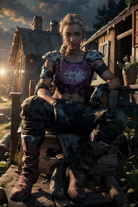 LouFar, dark skin, blonde hair, gloves, pants, boots, midriff, knee pads, looking at viewer, serious, seductive smile, full body shot, 
sitting, on a sofa, spreading legs, slouching, outside, swamp, shack, dusk, twilight sky, extreme detail, hdr, realistic...