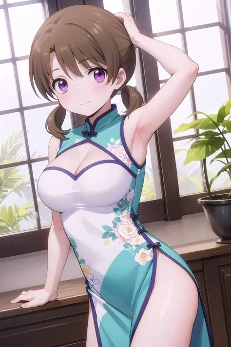 1girl, solo, masterpiece, best quality,
      <lora:honoka-mahouka:0.8>,
          gold trim, floral print, mahouka koukou no rettousei, mitsui honoka, honoka mitsui, purple eyes, brown hair, medium hair, twintails, low twintails, short twintails, swept ba...