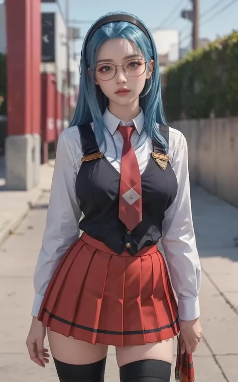 arafed woman in a school uniform and glasses walking down a sidewalk