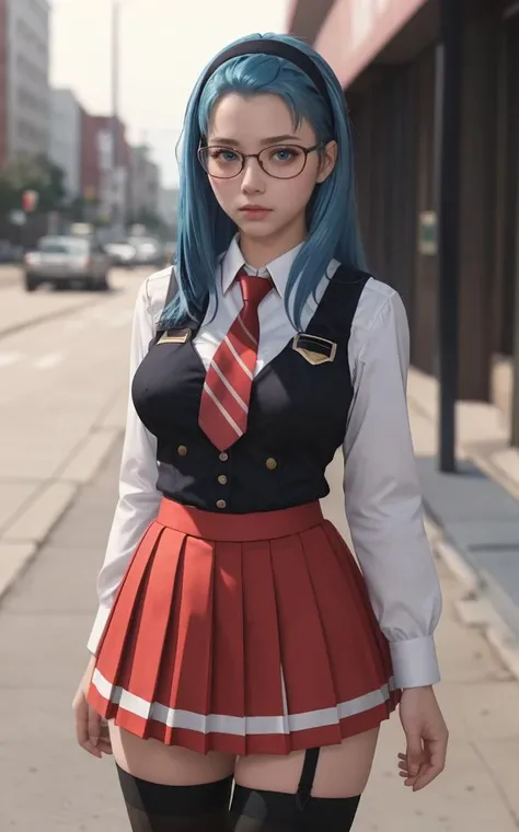 SchoolUniform_JunkoMochida_ownwaifu, night,
1girl, blue hair, long hair, glasses, hairband, large breasts, blue eyes,
school uniform, red necktie, vest, red skirt, pleated skirt, zettai ryouiki, thighhighs, legs,
<lora:FAP_BibleBlack_JunkoMochida_ownwaif...