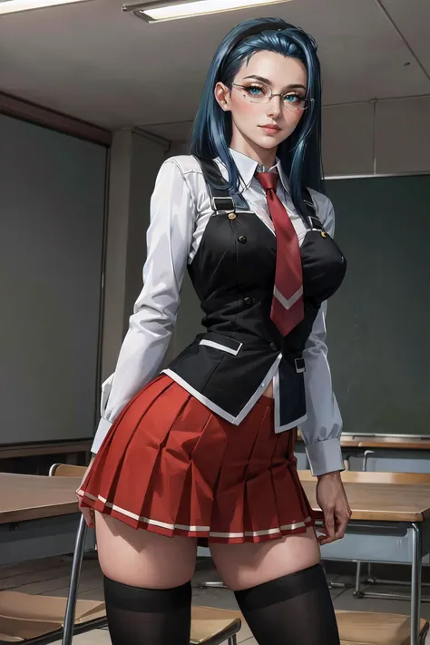 (masterpiece, best quality, ultra detailed, absurdres)1.5, 1girl, (sexy, beautiful woman, perfect face, perfect eyes, perfect female body, large breasts)1.5, (fap_bibleblack_junkomochida_ownwaifu, bible_black, very long hair, blue hair, hairband, rimless e...