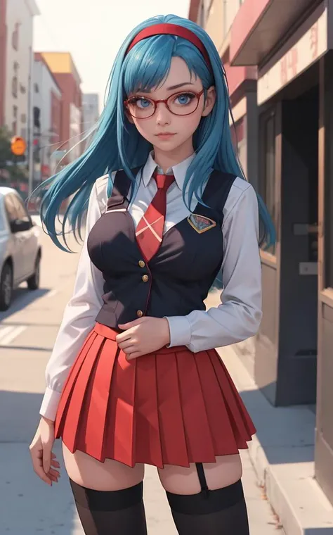 SchoolUniform_JunkoMochida_ownwaifu, day,
1girl, blue hair, long hair, glasses, hairband, large breasts, blue eyes,
school uniform, red necktie, vest, red skirt, pleated skirt, zettai ryouiki, thighhighs, legs,
<lora:FAP_BibleBlack_JunkoMochida_ownwaifu:...