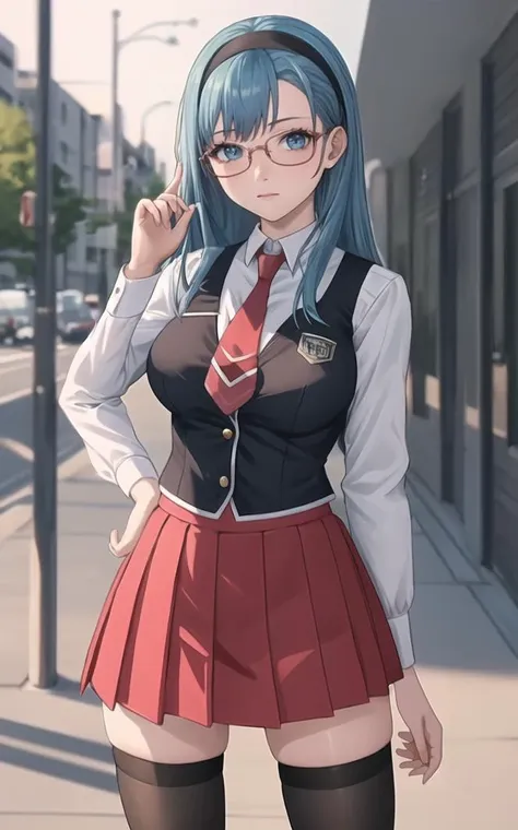 anime girl with blue hair and glasses in a school uniform