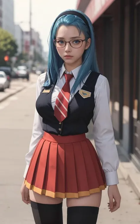 arafed woman in a school uniform and glasses walking down a street