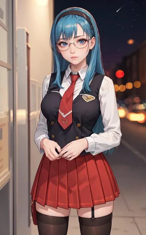 anime girl with blue hair and glasses standing in front of a building