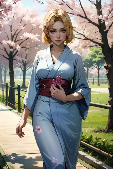 ((ultra detailed, masterpiece, absurdres))
 <lora:DOATina:0.9>
DOATina, 1girl, solo, blonde hair, walking in a serene Japanese park with cherry blossoms, yukata, and a hair ornament