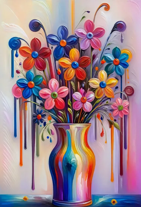 painting of a vase with flowers and colorful drops of paint