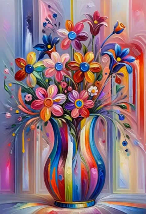 painting of a colorful vase with flowers in it on a table