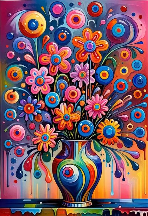 painting of a vase of flowers with colorful swirls and bubbles