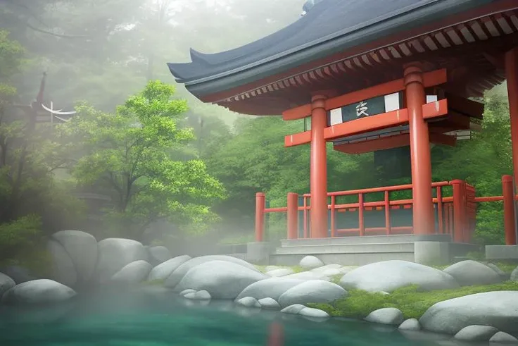 styhuke, (sgnovelcg:1.2), sgzeronovelcg, no_humans, japanese shrine, scenery, water, fog