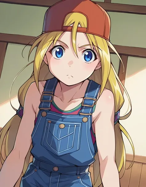 score_9, score_8_up, score_7_up, source_anime,
sarahmcdougal, <lora:sarah-mcdougal-ponyxl-lora-nochekaiser:1>,
sarah mcdougal, long hair, blue eyes, blonde hair,
hat, baseball cap, overalls,
indoors,
looking at viewer, dutch angle, cowboy shot,