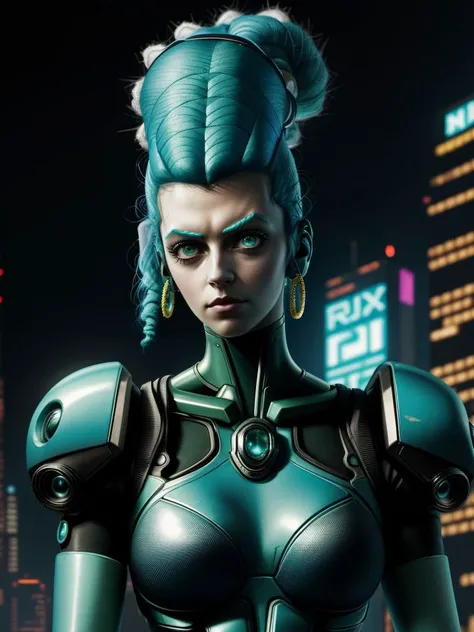 a woman in a futuristic suit standing in front of a city