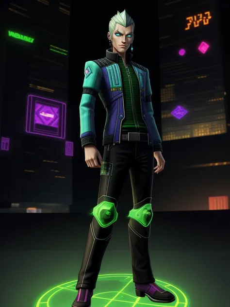 a man in a green and black outfit standing in front of a neon circle