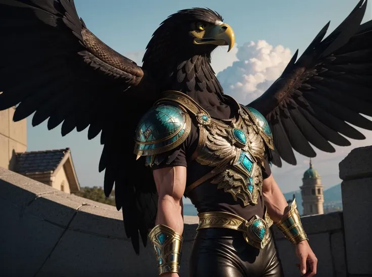 araffe with a large black bird on his back and a gold and blue outfit