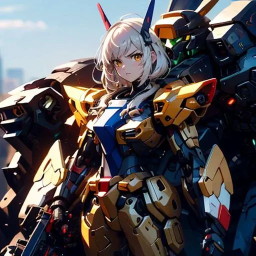 masterpiece, best quality, detailed, ultra hires, 8k, anime style, 
1girl, solo, cowboy shot, 
Khaki, white hair, yellow eyes, 
gundam girl, serious, concentrating, 
 <lora:Gundam girl_20230712160146:0.7>, <lora:gatling_gun_lora01:0.75>