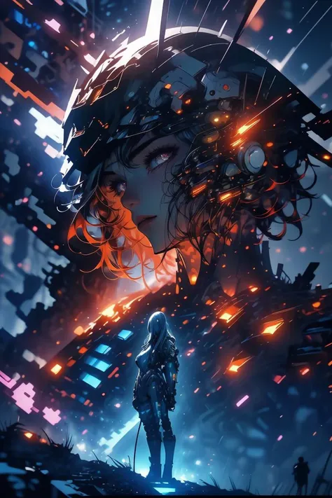 (Compressed Photo:1.2) of (Detailed illustration:1.3) photo of a woman, <lora:Gundam girl_20230712160146:1> Gundam girl,Highly Detailed,(Electric Colors:1.4),robot,((cyborg)),machine,futuristic,concept Art by senior character Artist,featured on zbrush cent...