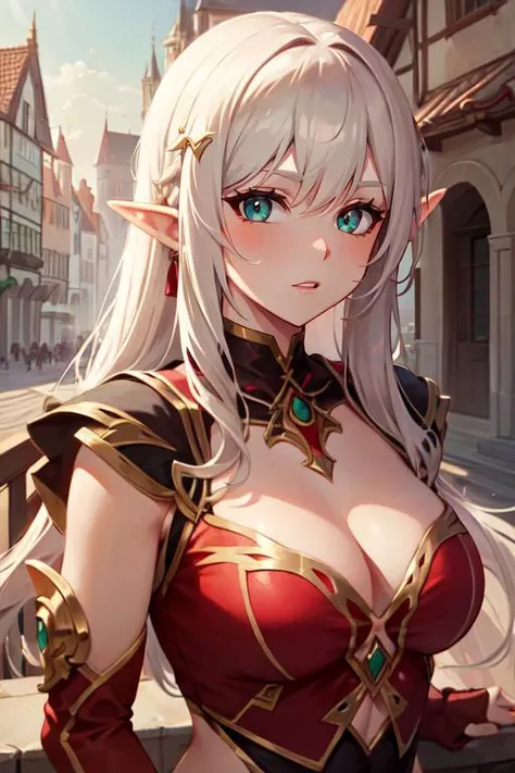 <lora:edgBloodElfAttire:0.8>, edgBE, red and gold, wearing edgBE, elf, 1girl, solo, upper body, portrait, european architecture background, outdoors, looking at viewer, masterpiece, best quality