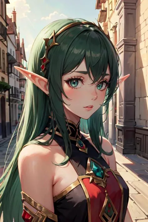 <lora:edgBloodElfAttire:0.8>, edgBE, red and gold, dark green hair, bare shoulders, wearing edgBE, elf ears, 1girl, solo, upper body, portrait, european architecture background, outdoors, looking at viewer, masterpiece, best quality