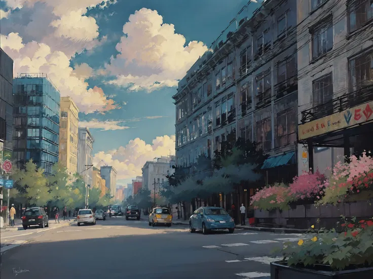 <lora:oil_painting:1>, oil_painting,cityscape, buildings, streets,sunshine, flowers, green plants,((blue sky)),((clouds)),