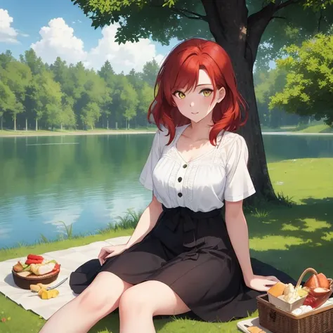 1Girl, mature, American, redhead, medium hair, yellow eyes, sitting on a picnic blanket near a lake, elegant summer dress, happy, grass, tree, lake, clouds, highest quality, highly detailed, 4K, 8K, UHD,