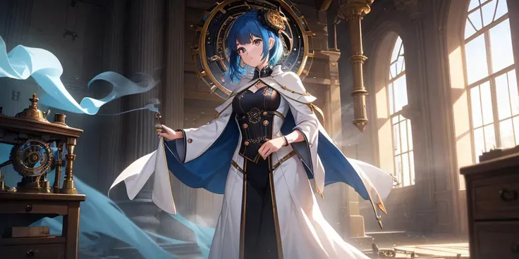 (Close-up:1.2), 1girl, solo, standing inside a fantasy clock tower, blue hair, white eyes, magician robes outfit, intricate background, (clockwork, mechanical items, many cogs:1.2), workshop, all connected, dusty floor, shadowy smoke, dim lighting, panoram...