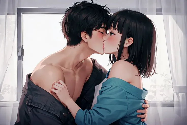 anime couple kissing in front of window with curtains