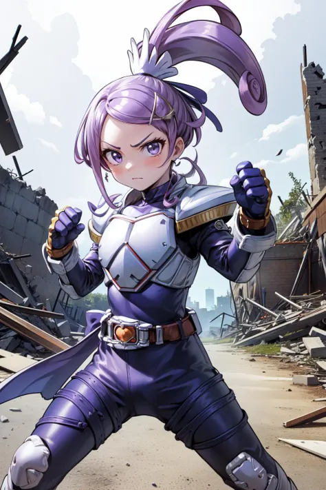 masterpiece,best quality,1girl,cure sword,purple eyes,purple hair,(spade hair ornament),high ponytail,hairpin,serious,(BladeRider),blue gloves,rider belt,gloves,bodysuit,(armor:1.2),belt,waist cape,fighting stance,action pose,attack,punching,shockwave,rock...