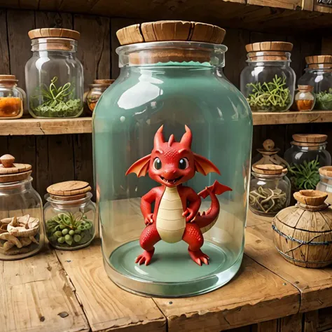 there is a small red dragon in a glass jar on a table