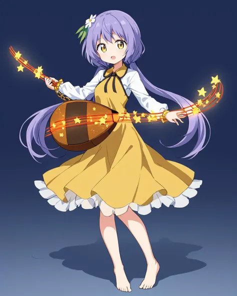 tsukumo benben,1girl, lute_(instrument), barefoot, biwa_lute, playing_instrument, solo, >_<, open_mouth, twintails, hair_flower, long_sleeves, brown_dress, full_body, yellow_dress
<lora:tsukumo_benben_image916_2023-12-20-000015:1>,star-shaped_pupils,symbol...