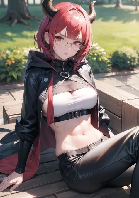 ((masterpiece, best quality, highres)), (demon horns, demon girl), 1girl, leather armor, glasses, (((medium breast, midriff, muscular))), ((look of disdain, from below, sitting on branch)), (short hair, red hair, red eyes), long black pants, hooded cloak, ...