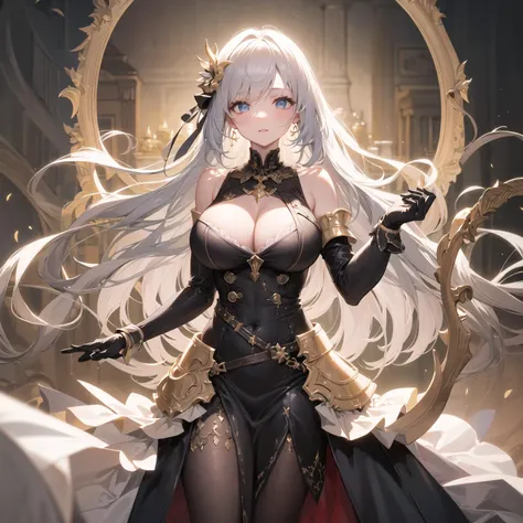 {{illustration}},{{{masterpiece}}},{{best quality}},{high resolution},((1 girl)), (long hair), ((huge_breasts)),upper body, hidden hands, hoop skirt, hair ornamen, gloves, (incredible absurdity), gilded frame,(detailed light),lighting, colorful, layered ba...