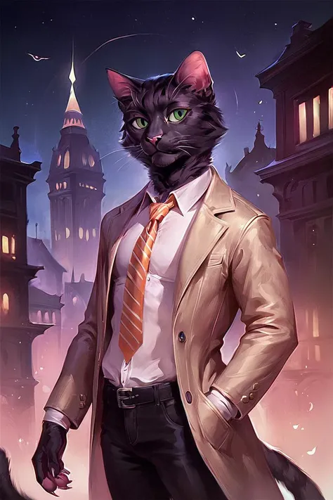 there is a black cat wearing a suit and tie standing in front of a building