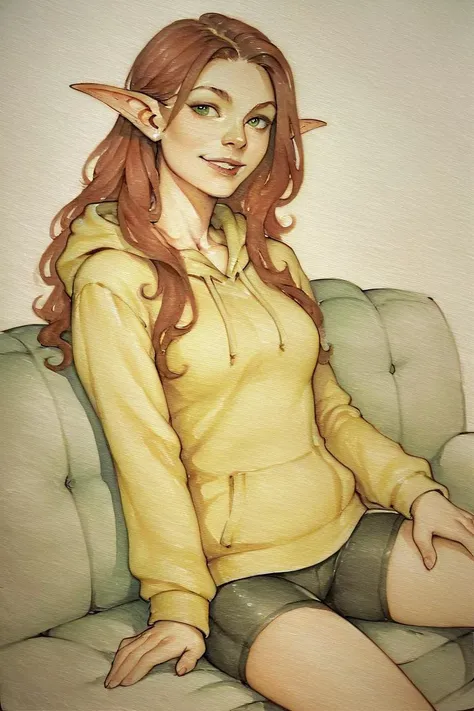 a painting of a woman sitting on a couch with a yellow hoodie