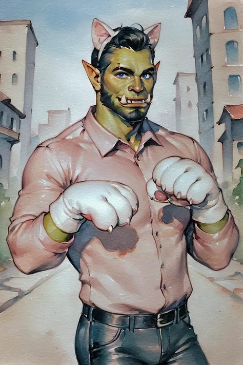 painting of a man in a pink shirt and black pants with a cat ears